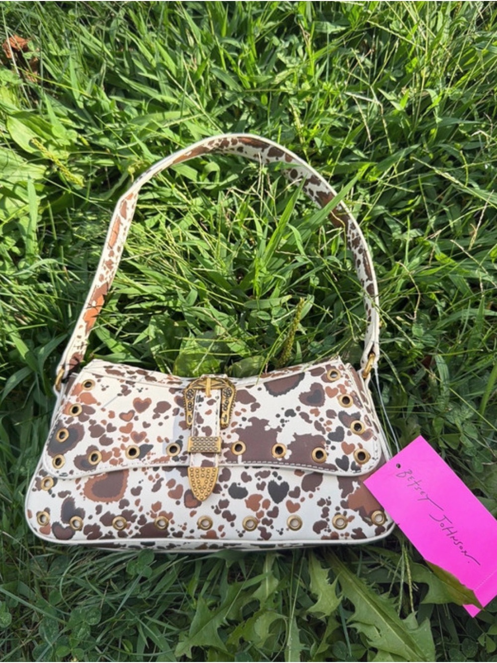 Betsey Johnson Brown and White Cow Print Shoulder Bag with Gold Hardware